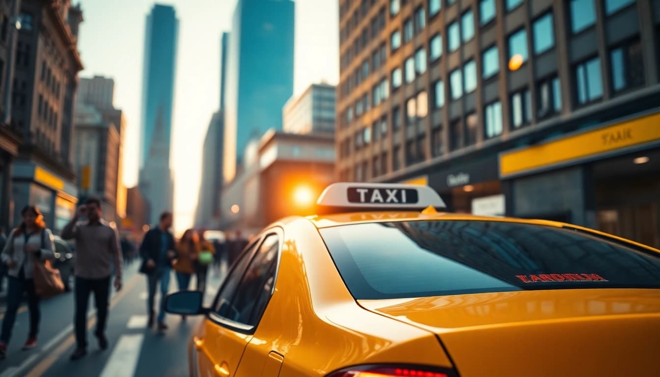 Taxi cab parked in a bustling city street with glowing lights reflecting off its surface.