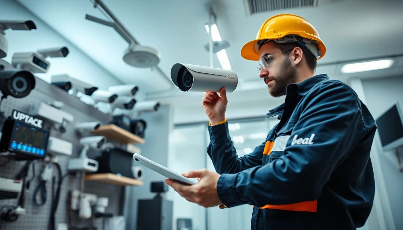 Soporte técnico en cámaras de seguridad con un técnico instalando equipo de alta tecnología.