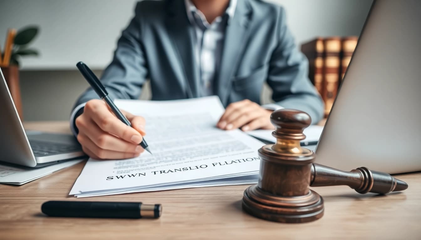 Sworn translation services in a professional translator's workspace with legal documents.