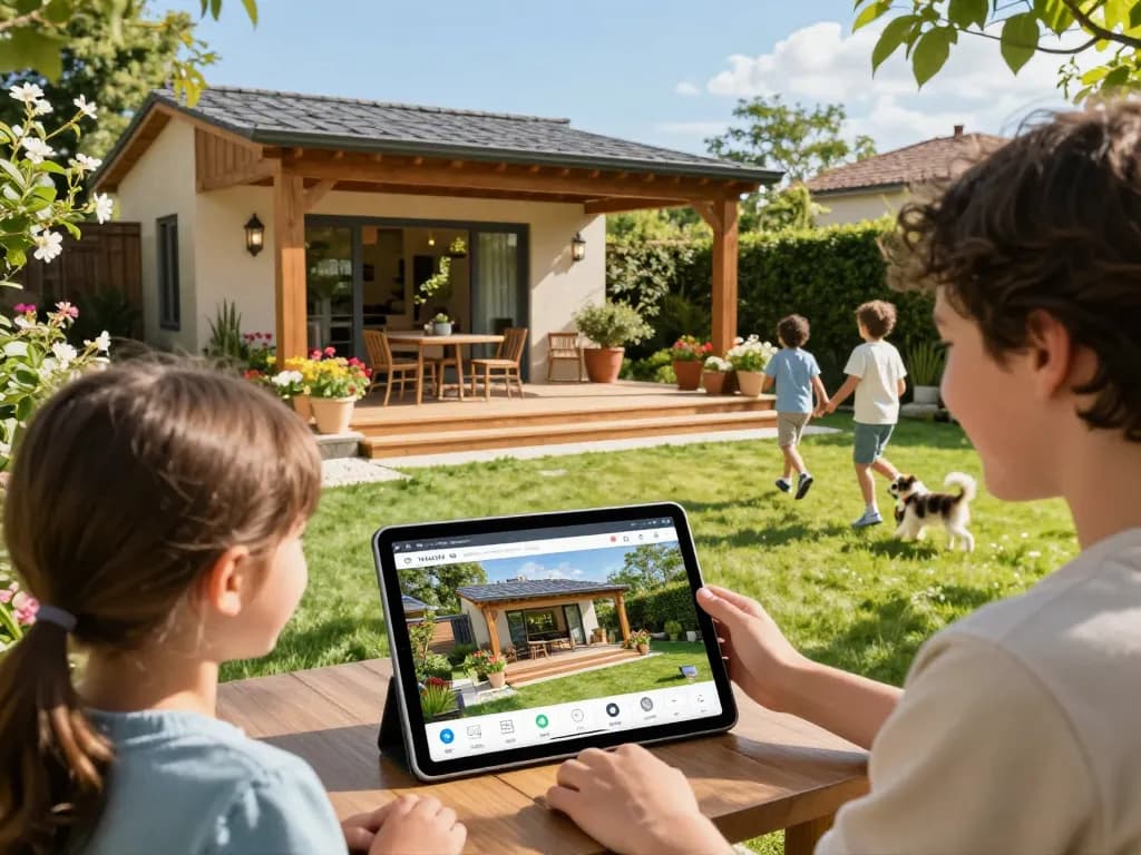 Engaged family using a veranda configurator on a tablet in their sunny backyard.