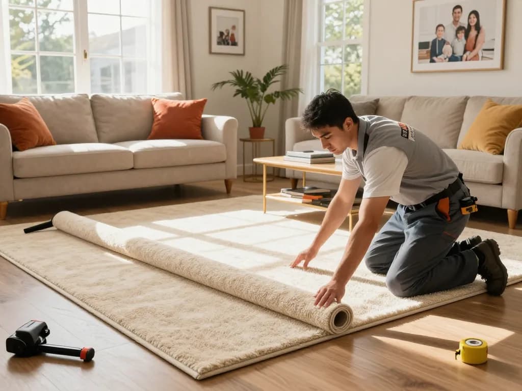 Residential carpet installation in a cozy living room with professional installer laying plush carpet