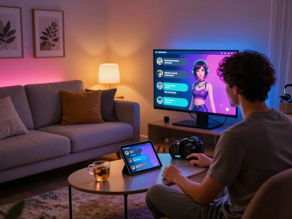 Engaging NSFW chat AI interaction in a cozy room setting with mood lighting and vibrant character displays.