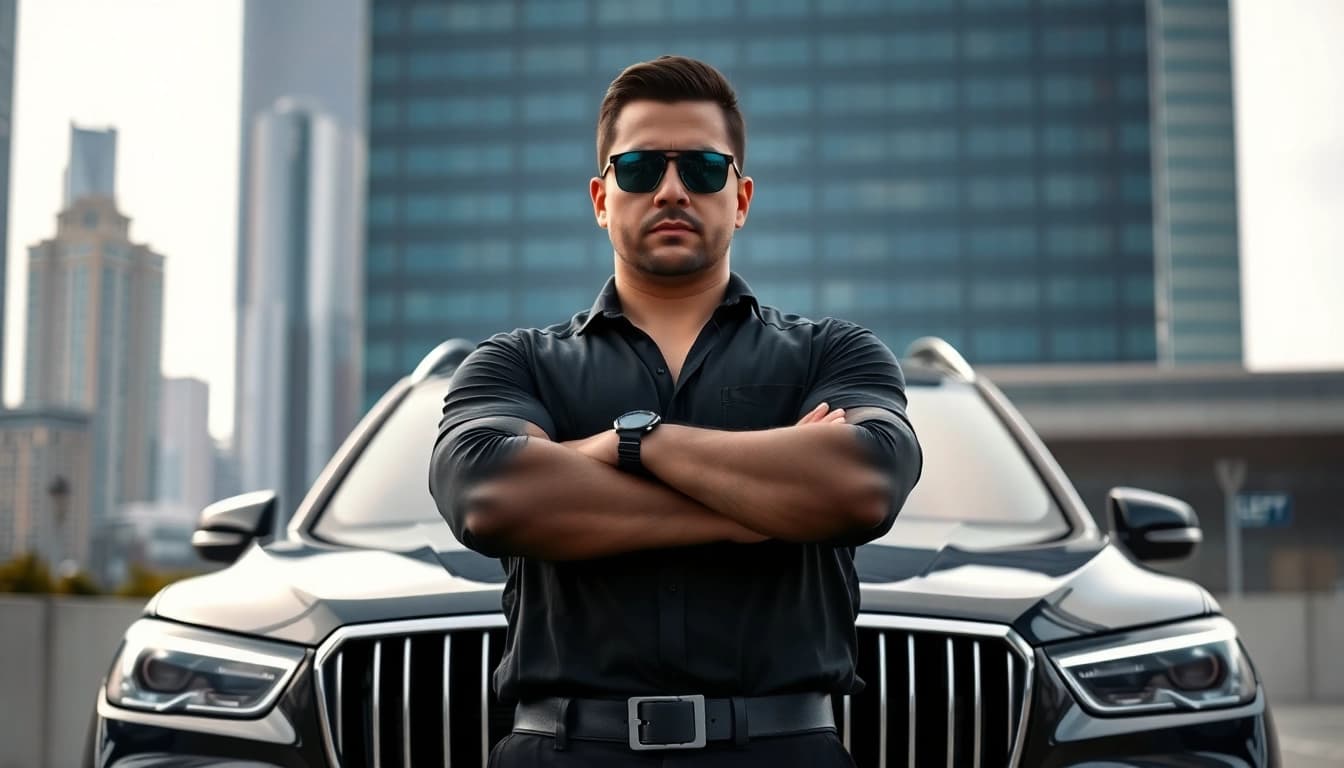 Hire bodyguard standing confidently in an urban setting, showcasing professionalism and readiness.