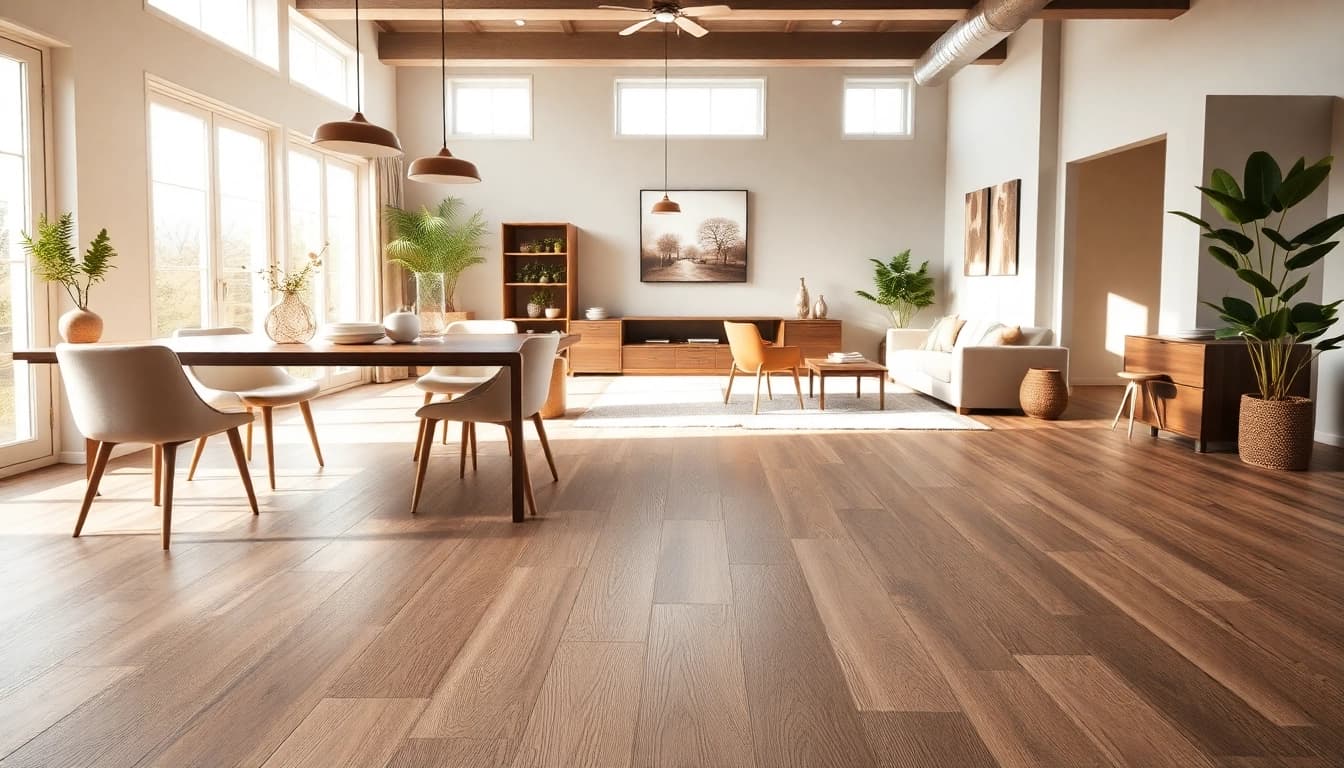 Stylish vinyl plank flooring in a taupe room setting with modern decor elements.