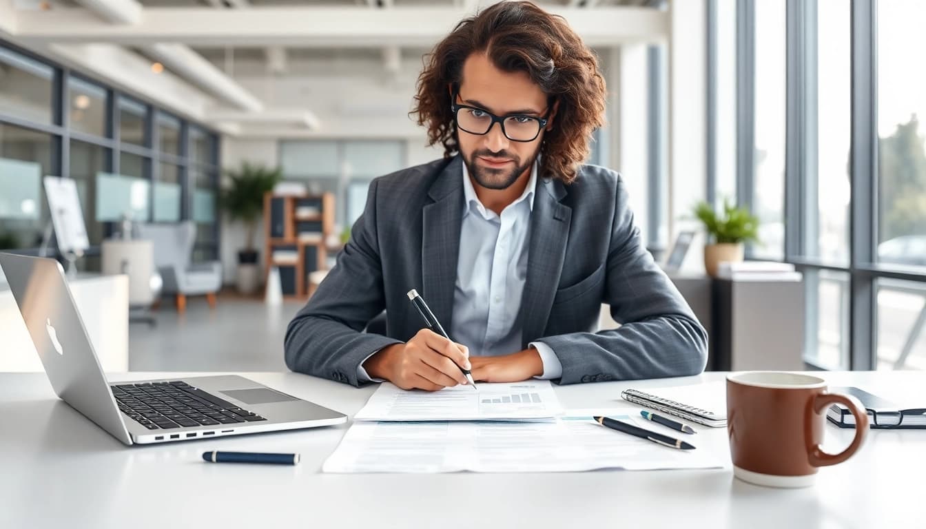 Conducting background checks in a professional office environment with documentation and digital tools.