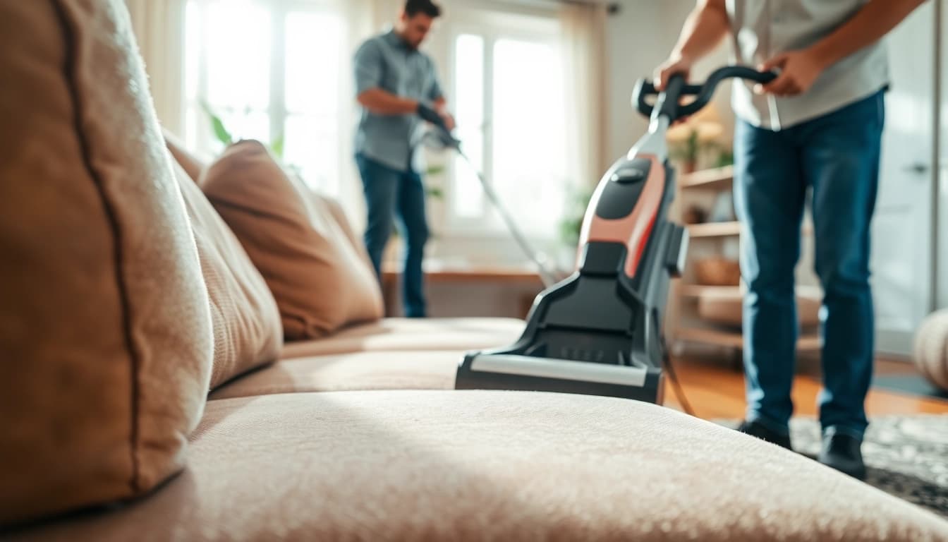 Couch cleaning in Glasgow service showcasing a technician cleaning a plush sofa.