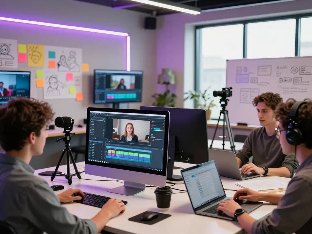 Dynamic scene illustrating video to prompt technology in a creative studio with collaborative teams and advanced tools.