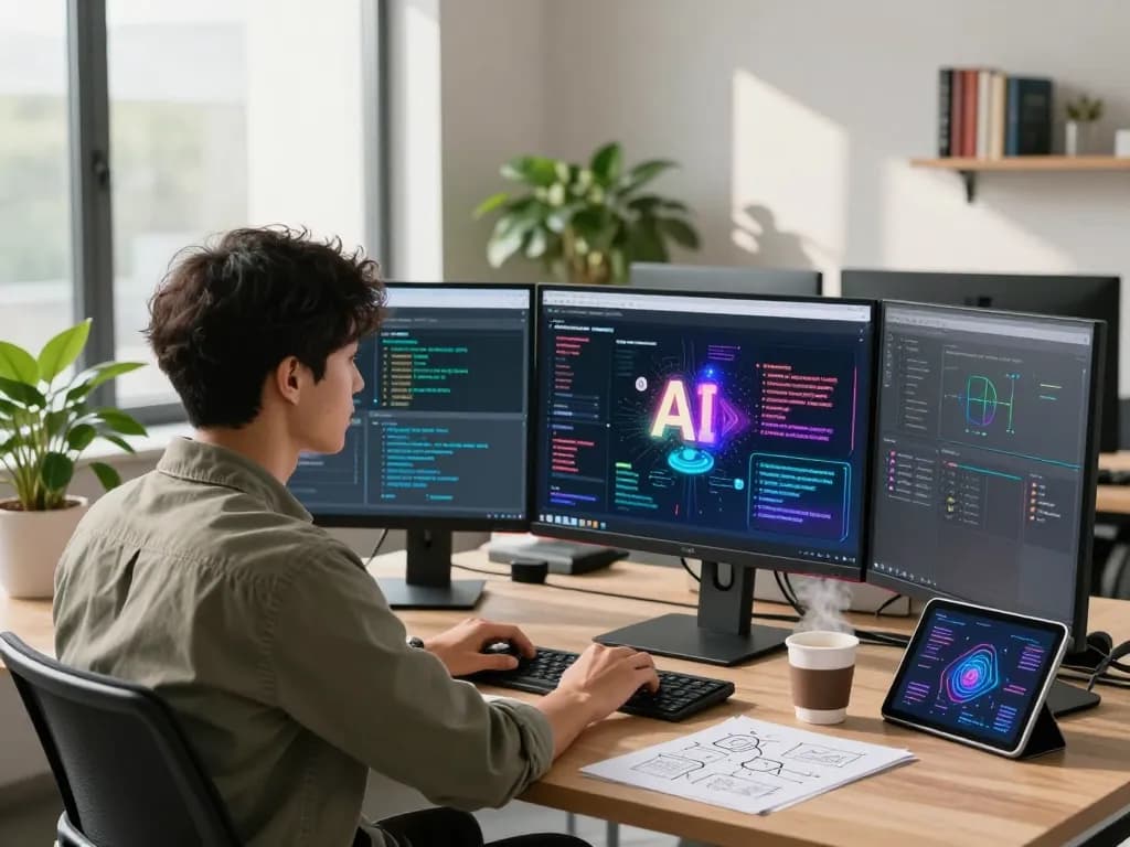 High-tech workspace demonstrating image to prompt AI generation with vibrant displays and innovative tools.