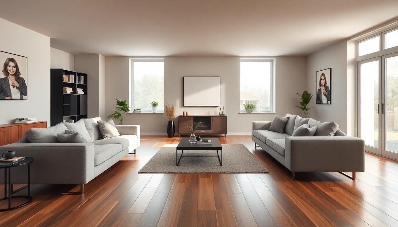 Bright and inviting basement renovation showcasing modern furniture and natural lighting.