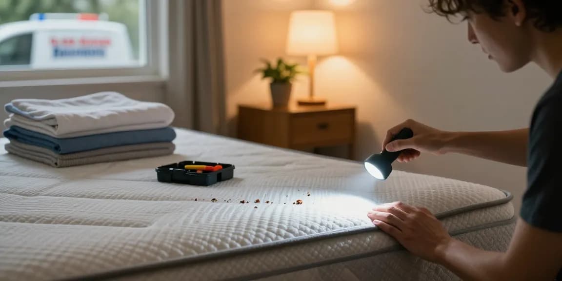 bed bug exterminators inspecting mattress for bed bugs in a cozy bedroom setting with warm lighting and discreet tools.