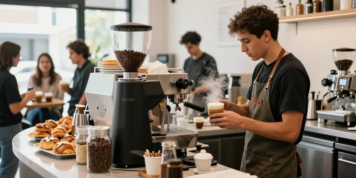 Barista preparing drinks using Commercial Coffee Machines in a busy café setting, highlighting craftsmanship and equipment.