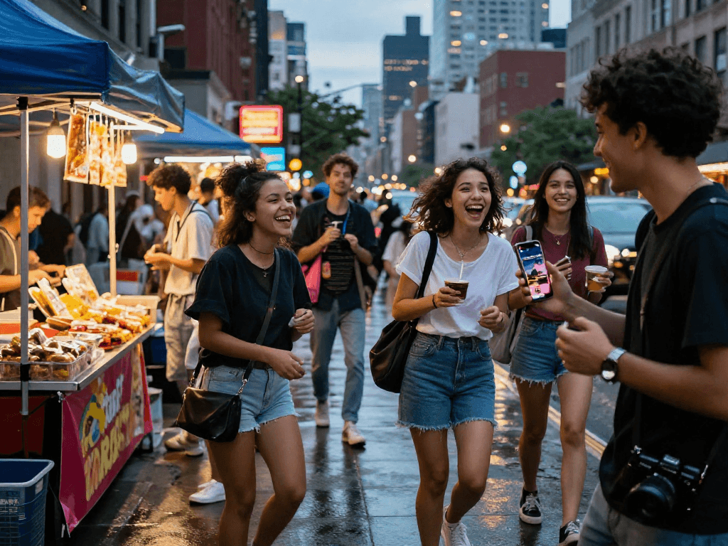 Friends engaging with nsfw content on a smartphone in a lively urban atmosphere.