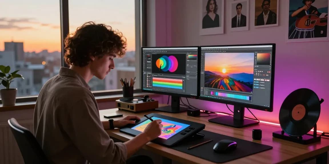 NSFW AI artist creating provocative digital artwork in a vibrant studio