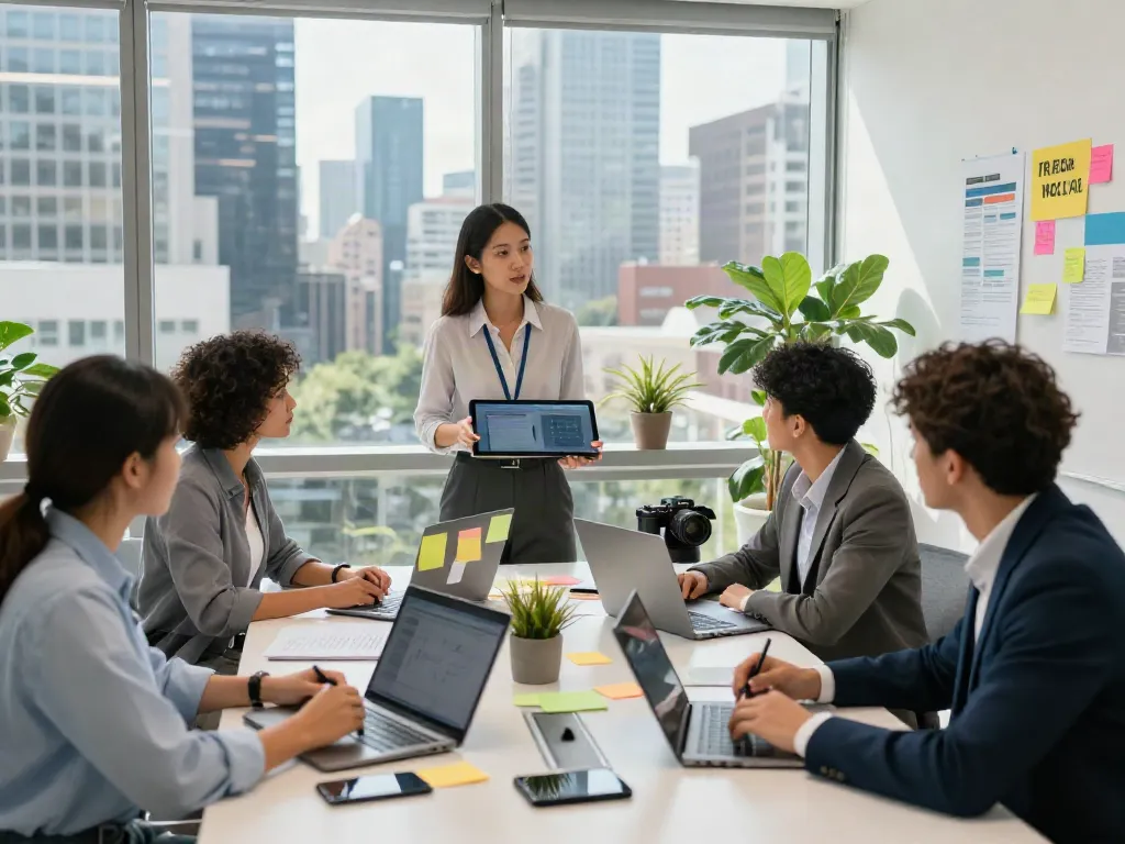 Office collaboration scene with a diverse team brainstorming, emphasizing innovation and teamwork in a modern workspace.