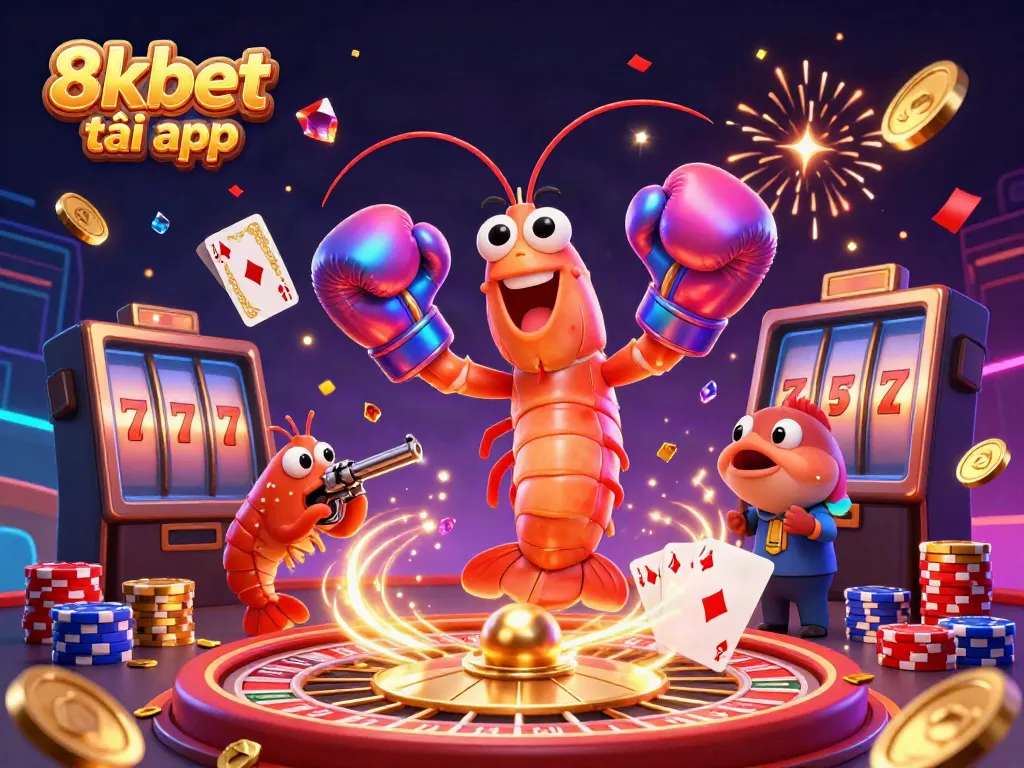 Engaging 3D scene for 8xbet tải app featuring vibrant characters, winning excitement, and casino elements.