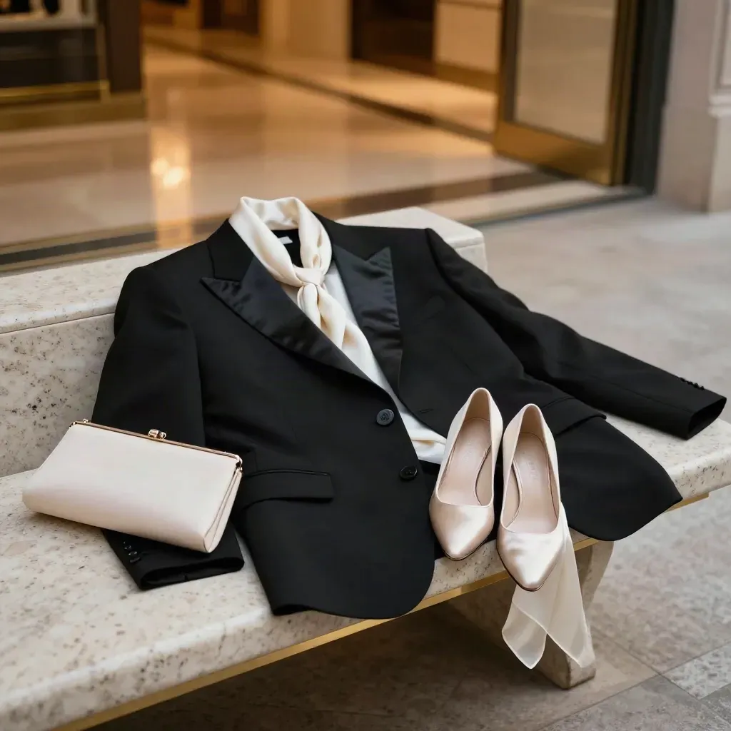 Opera outfit laid out on a foyer bench: dinner jacket, silk scarf, heels, and a clutch.