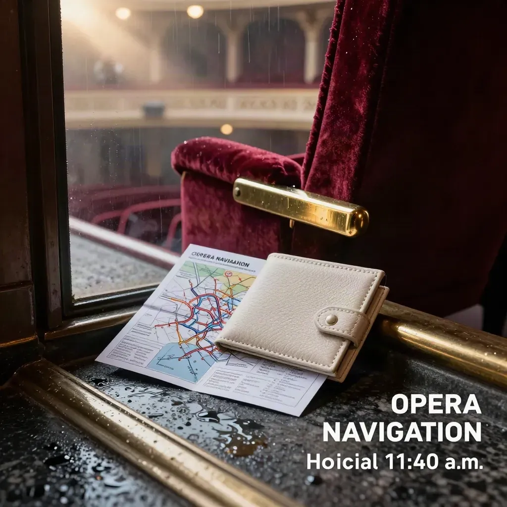 Opera seat map, ticket wallet and brass rail in a rain-lit theatre foyer
