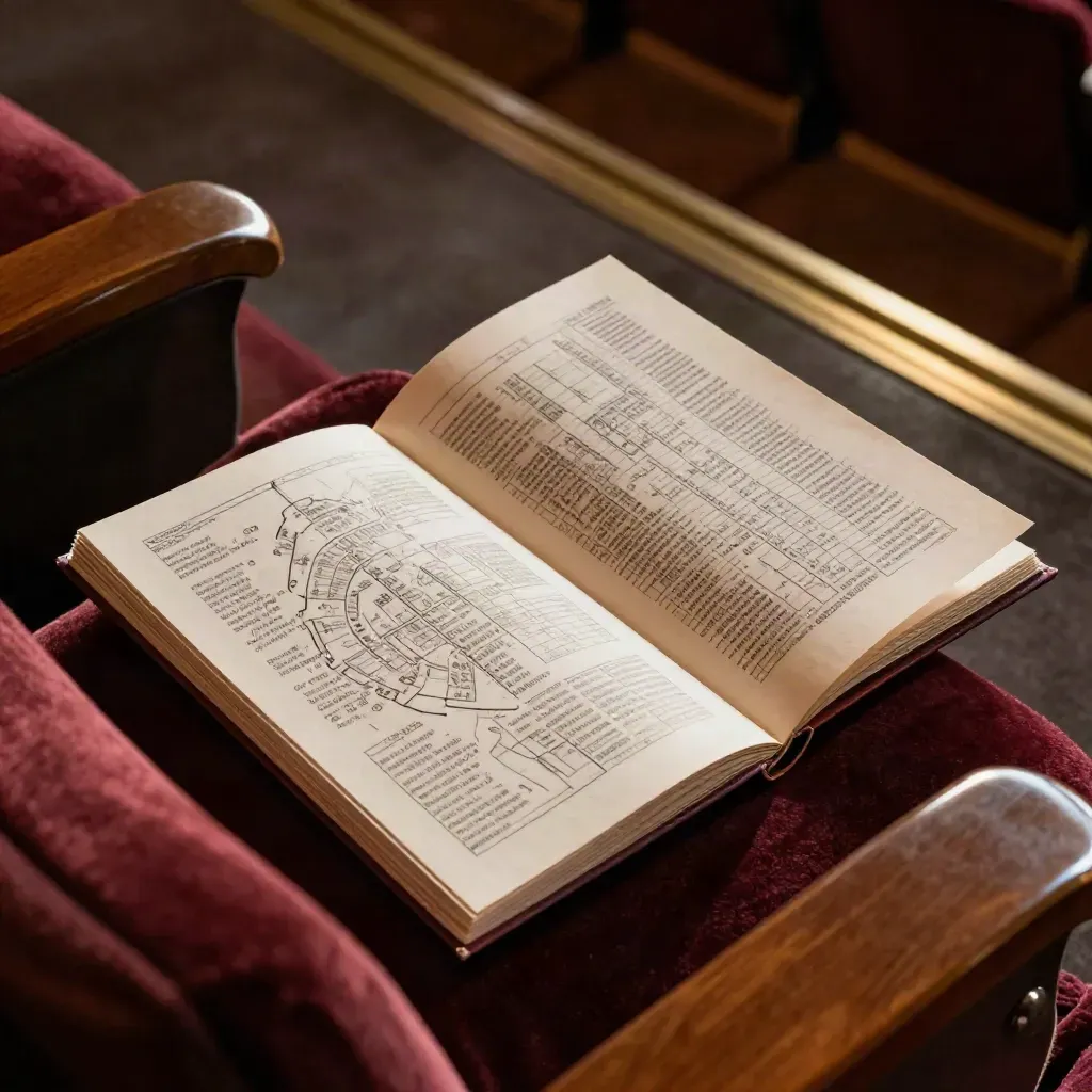 Open seat-plan booklet beside a velvet armrest, with a blurred brass aisle plate in warm theatre light.