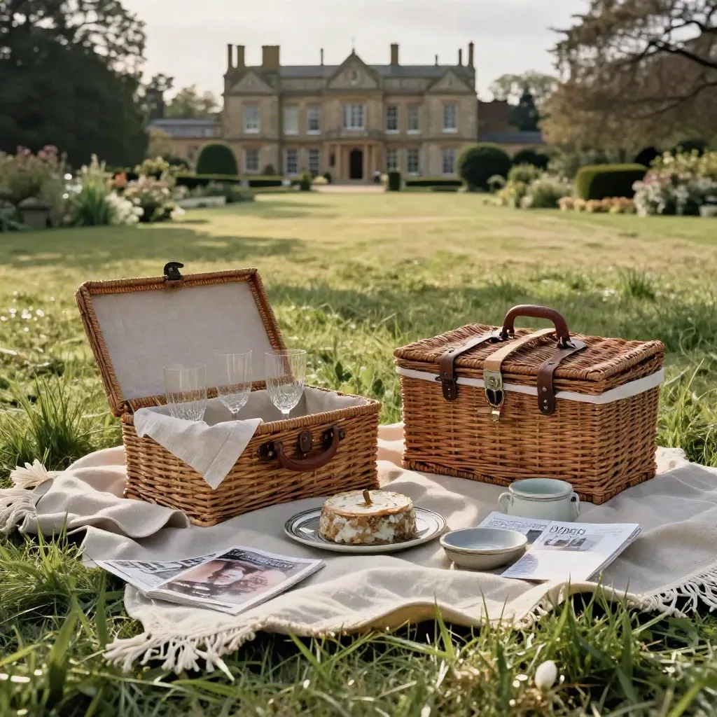 Picnic hamper and opera programme on a country-house lawn before a matinee
