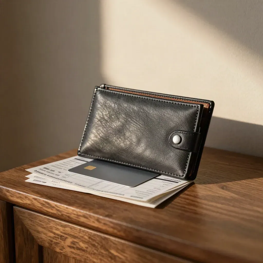 Charcoal ticket wallet, rail timetable, card and blurred seat slips on a warm walnut sideboard by window light.