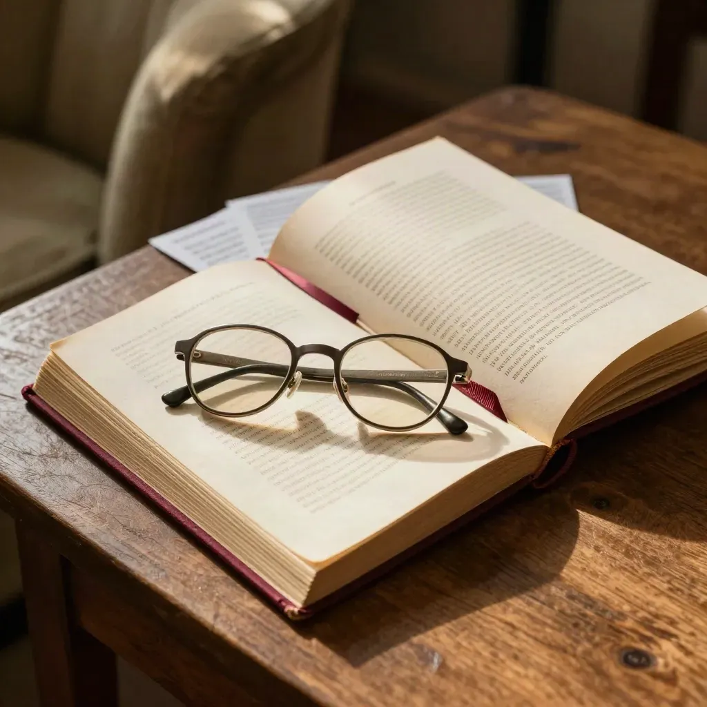 Opera guide booklet with spectacles and blurred note card on a sunlit linen-topped table.