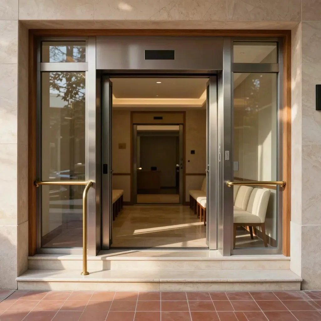 Empty opera lift lobby with step-free entrance and accessible aisle, lit by soft daylight.