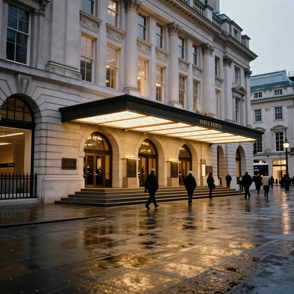 Royal Opera House facade glowing at night with wet steps and gold canopy light.