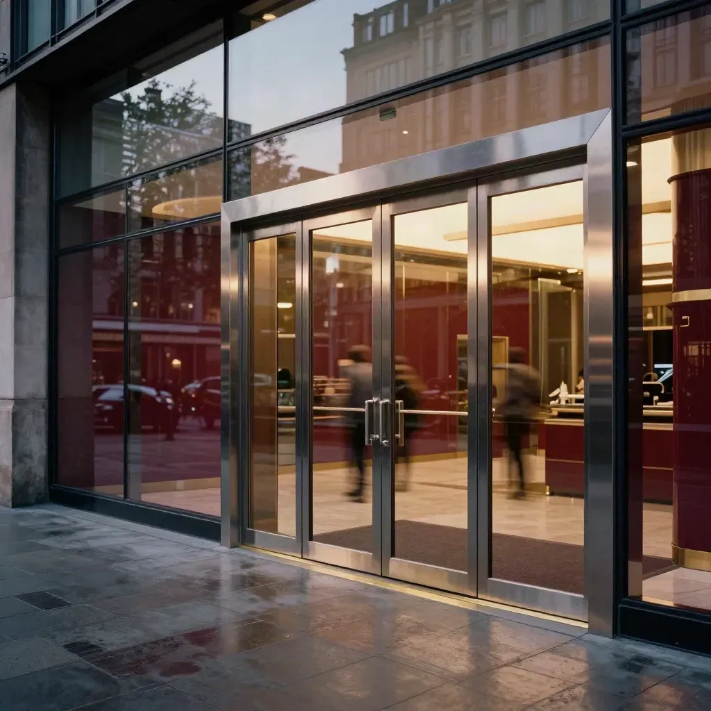 Birmingham Hippodrome glass frontage at dusk, doors settling after the rush, foyer light spilling out