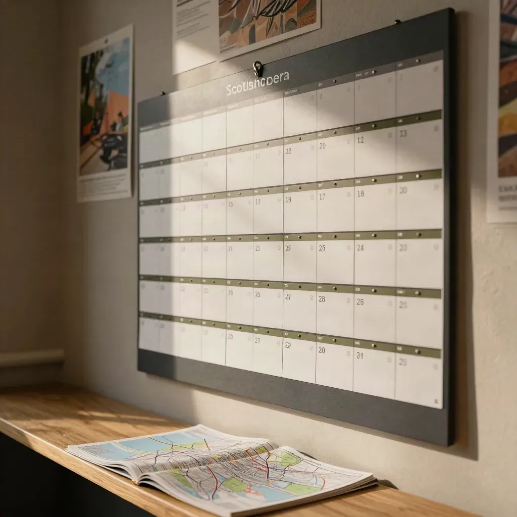 Scottish Opera calendar wall in a calm foyer corner with a folded city map and blurred season posters