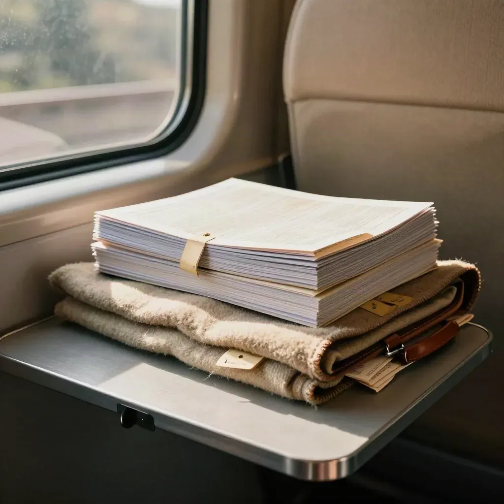 Touring case labels, folded programme and scarf on a train seat table in warm window light
