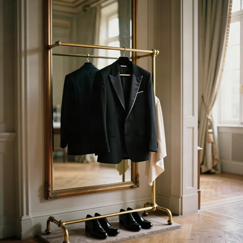 Opera coat rack by a grand mirror with tuxedo jacket, satin wrap and polished shoes at a doorway