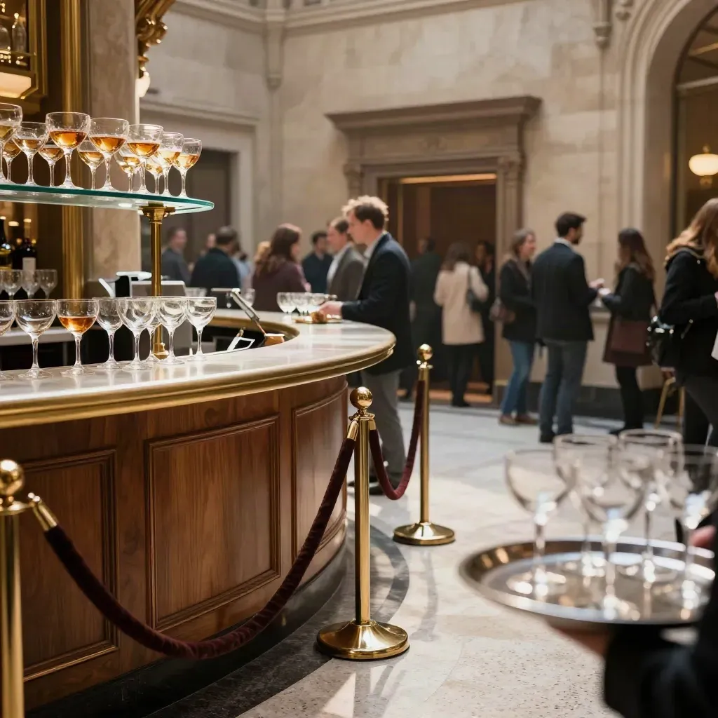 Opera foyer drinks counter with queue ropes, cloakroom blur and out-of-focus glasses