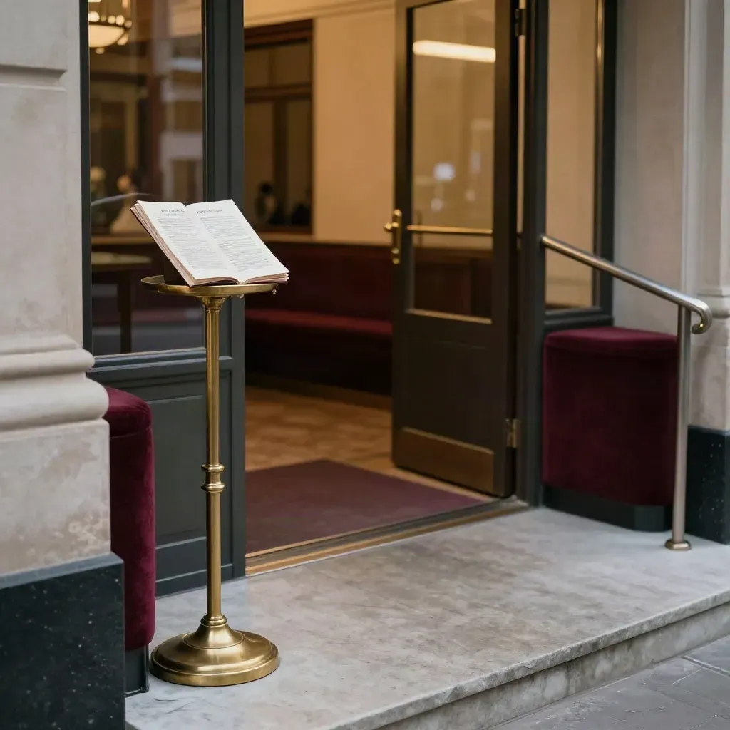 Theatre entrance threshold with step-free ramp, coat stand and folded programme in soft evening light.