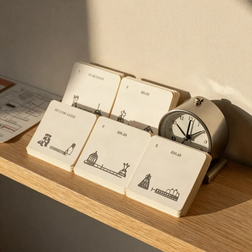 Overlapping ivory date cards with a small desk clock and blurred venue icons on a pale oak ledge.