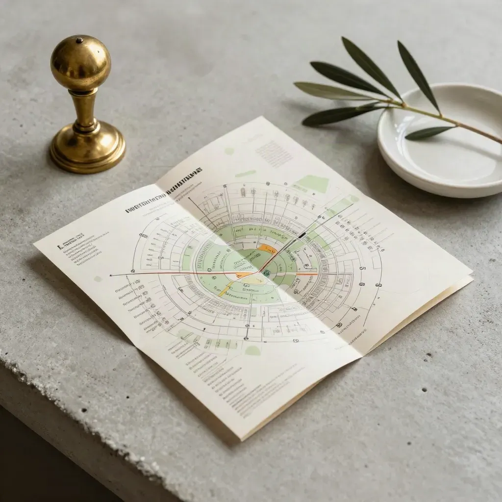 Overhead flatlay of a folded seating map, brass token, ceramic dish and olive sprig.