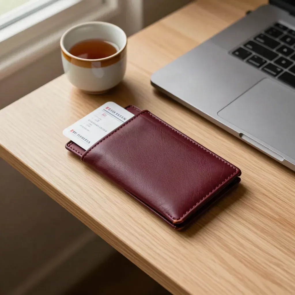 Muted burgundy ticket wallet, train card, closed laptop and cup on pale wood desk