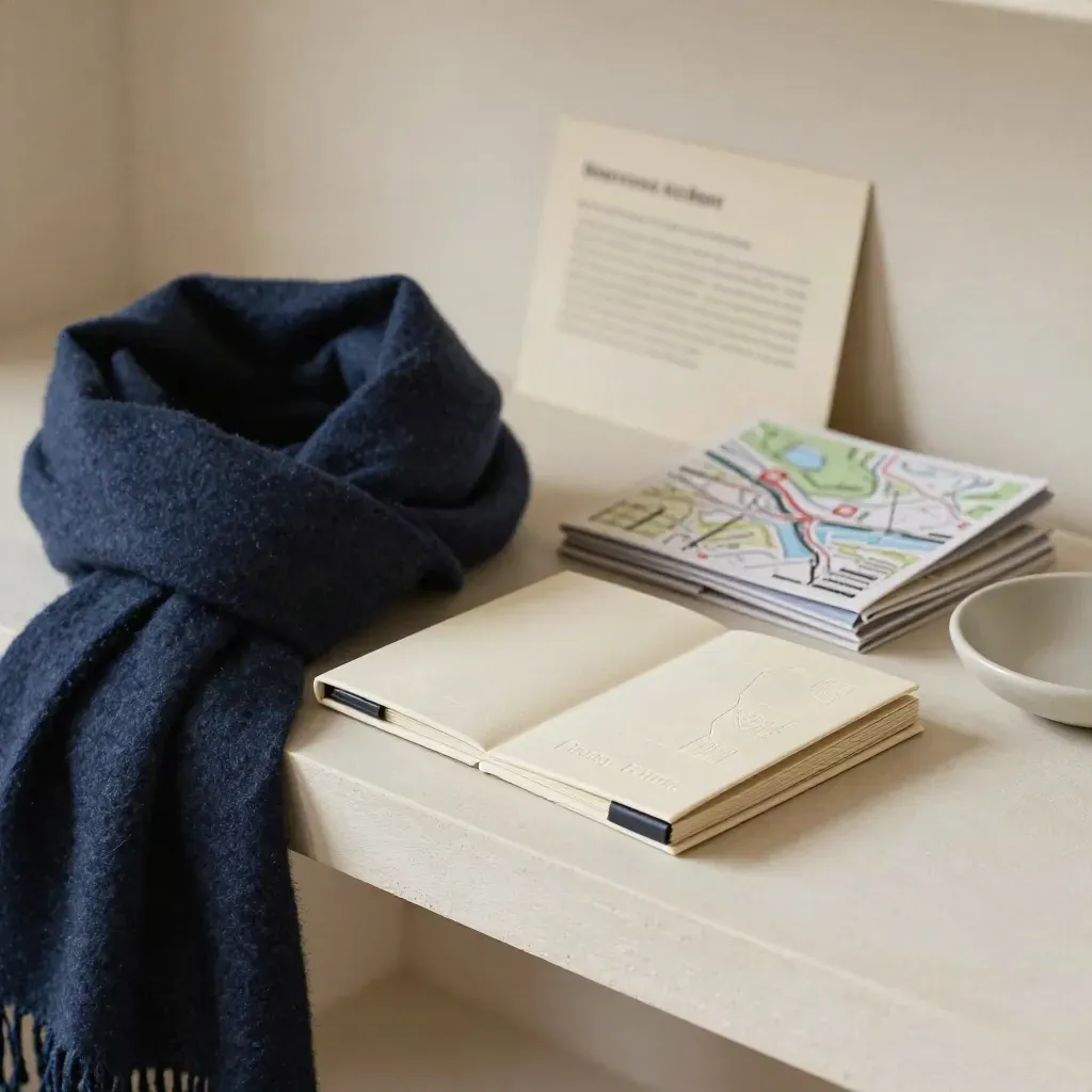 Accessibility guide booklet, scarf, route map and ceramic dish on a pale entryway shelf.
