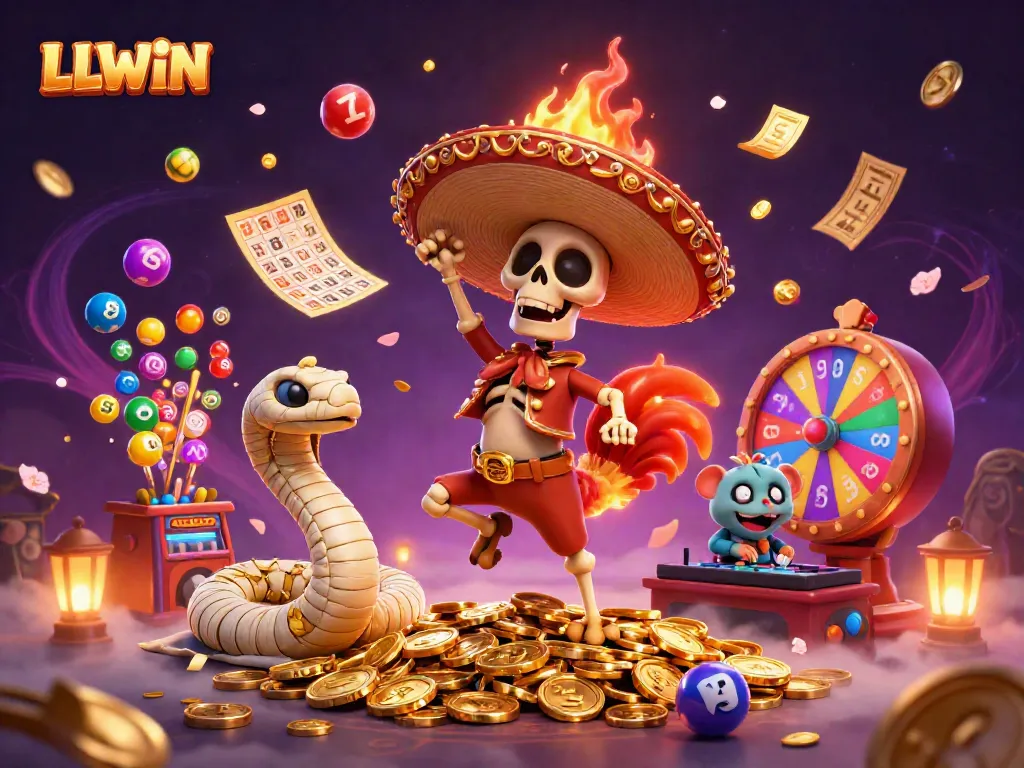 LLWIN showcases vibrant casino excitement with a lively victory dance scene featuring cartoon characters and dynamic game elements.