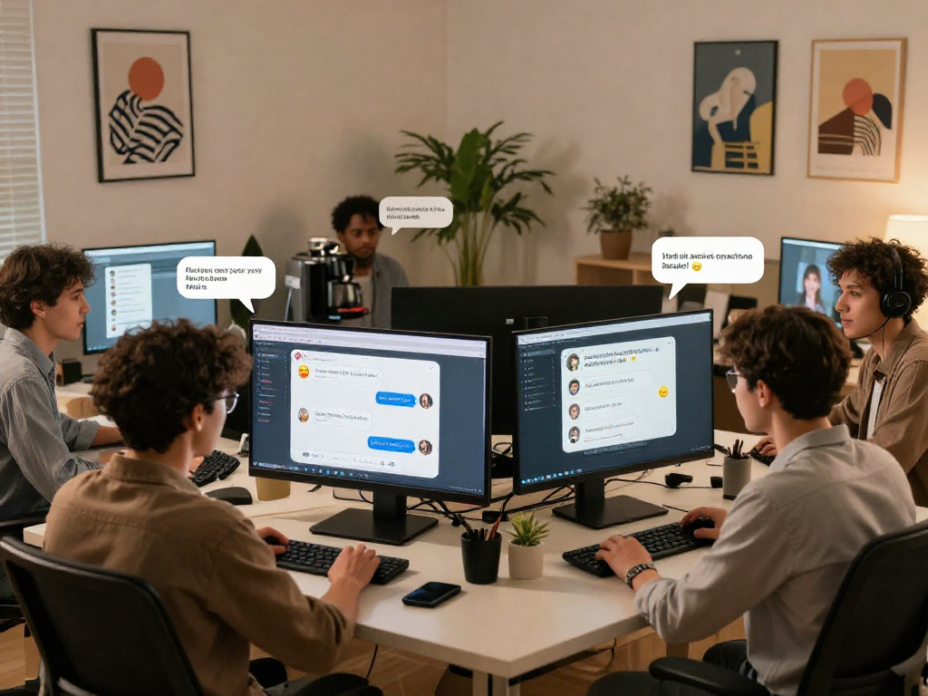 Engaging virtual setting showcasing users in a porn ai chat environment, highlighting animated discussions and immersive tech.