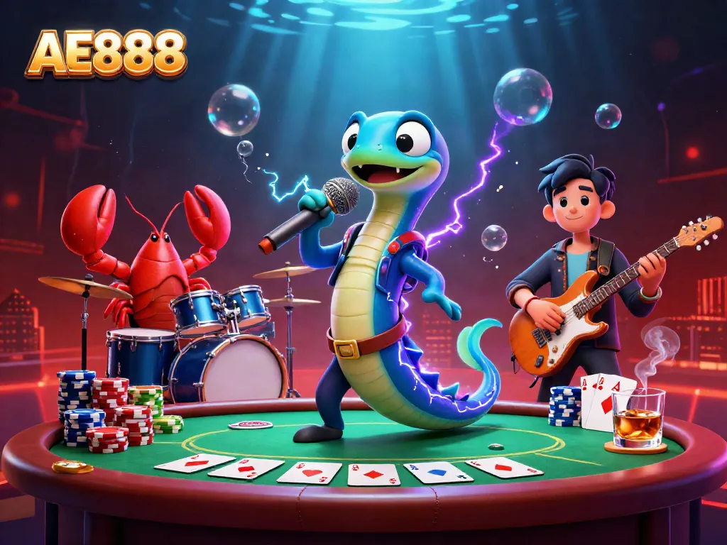 Electrifying AE888 performance in an underwater casino with vibrant poker action and dynamic characters.