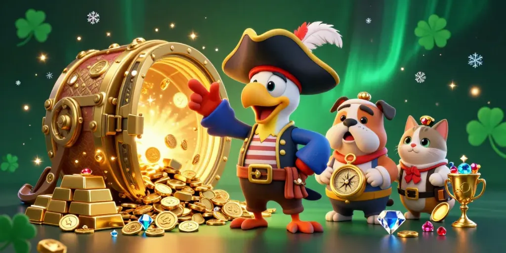 Engage in thrilling gaming adventures at au88 with a lively scene of a pirate captain, bulldog, and cat amidst treasure.