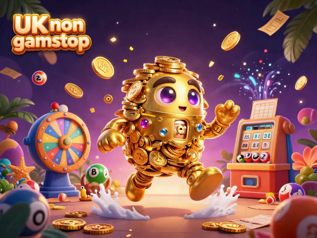 Immerse in UK non gamstop casinos with this vibrant illustration of a golden golem and dynamic lotter elements.