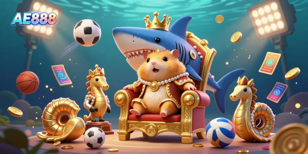 Engage with AE888’s vibrant casino universe through dynamic sports-themed 3D illustration, showcasing thrilling gaming elements.