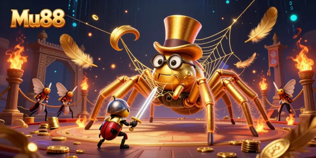 Engage in thrilling gameplay at Mu88, featuring stunning visuals of a cartoon tarantula and knight in an online casino.