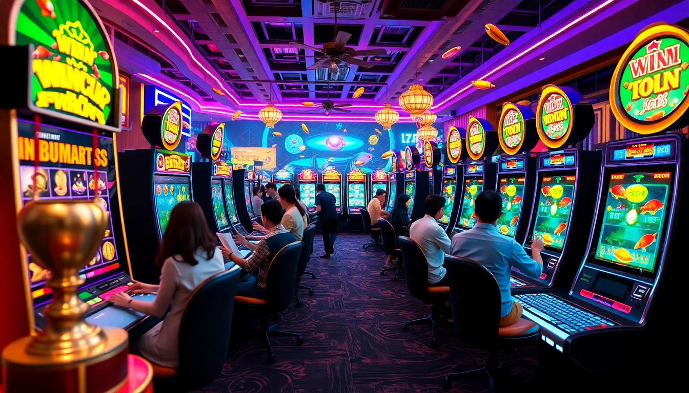 Exciting scene of bắn cá đổi thưởng gameplay, showcasing vibrant digital casino elements and lively players.