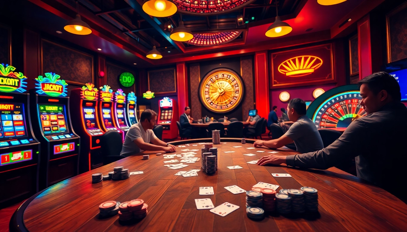 Experience the thrill of gaming at https://rr888.video/ with players sharing a poker table in a vibrant casino setting.