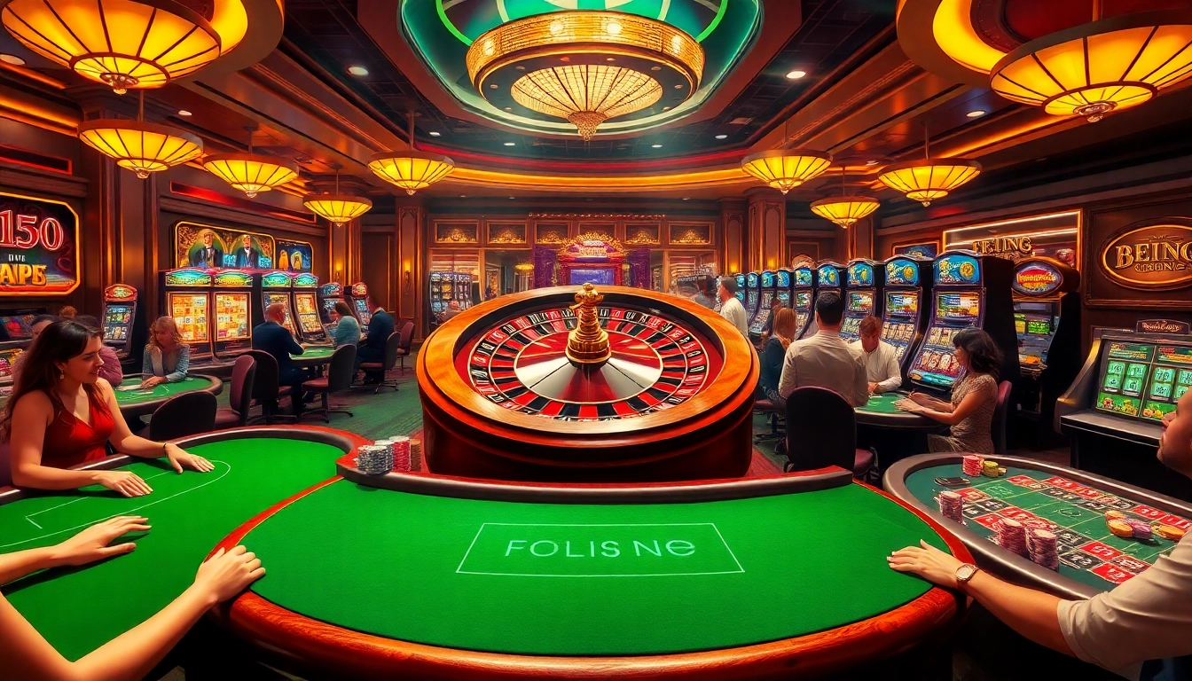 BET88 casino interior with roulette wheel, players betting on tables, and lively slot machines.