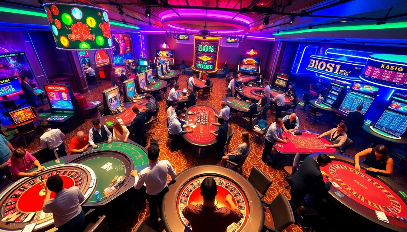 Players engaging in game bài đổi thưởng at a lively casino, surrounded by colorful poker chips and betting action.