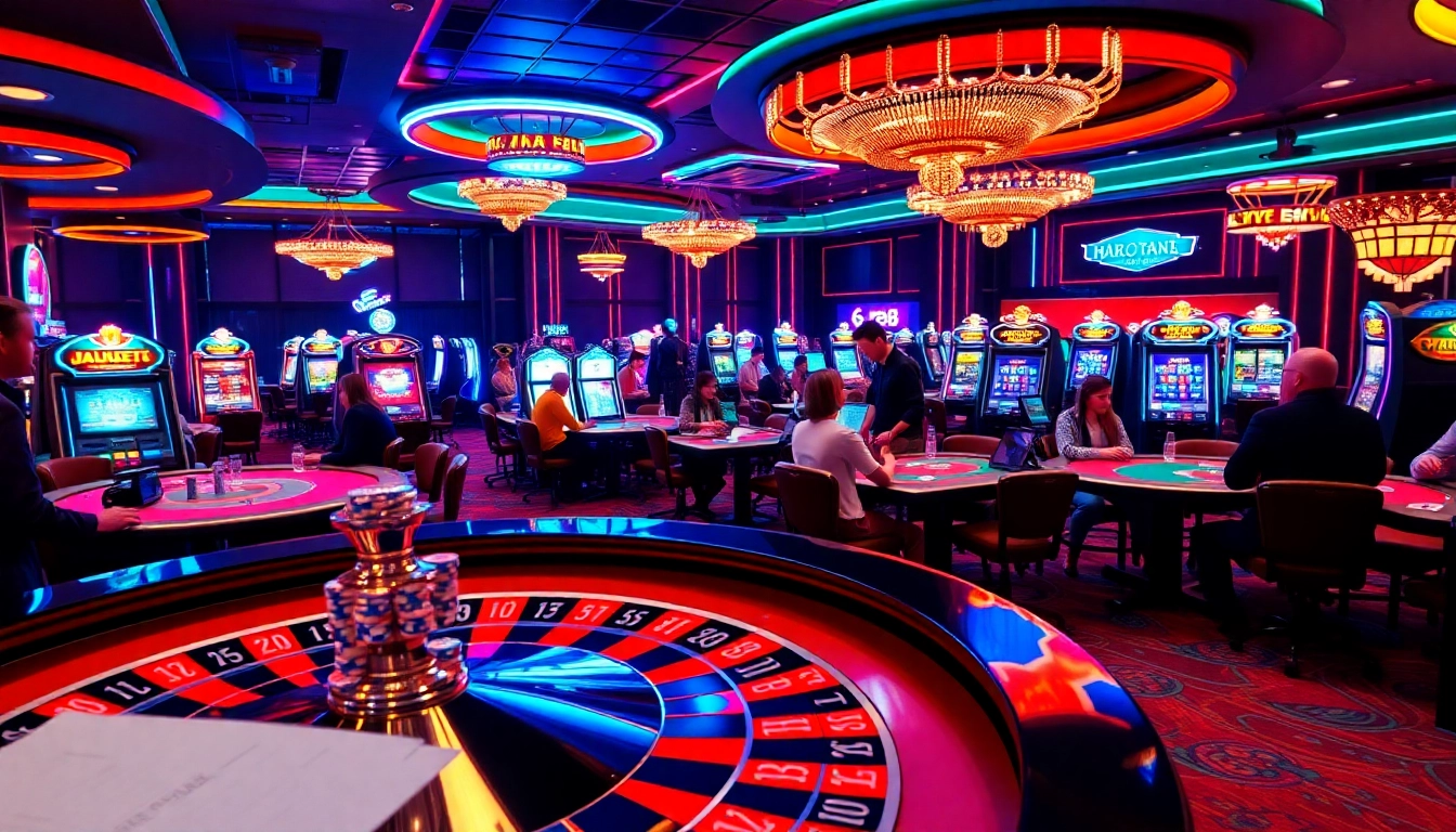 Experience the thrill of Nhà Cái FB88 with players at lively gambling tables, showcasing poker, blackjack, and roulette.