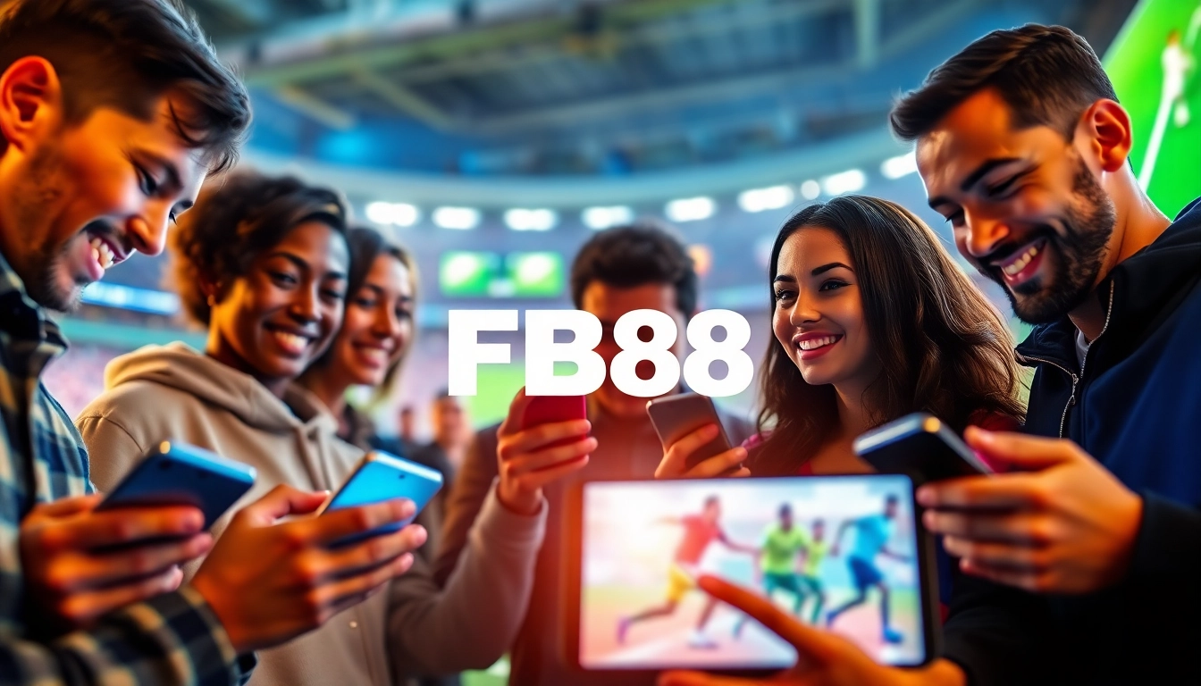 Enthusiastic bettors engaging with Nhà Cái FB88 on sleek mobile devices in a vibrant sportsbook environment.